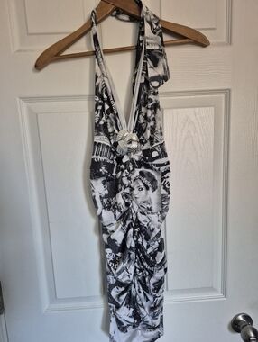 Y2K Black & White Halter Dress with Photo Collage Print